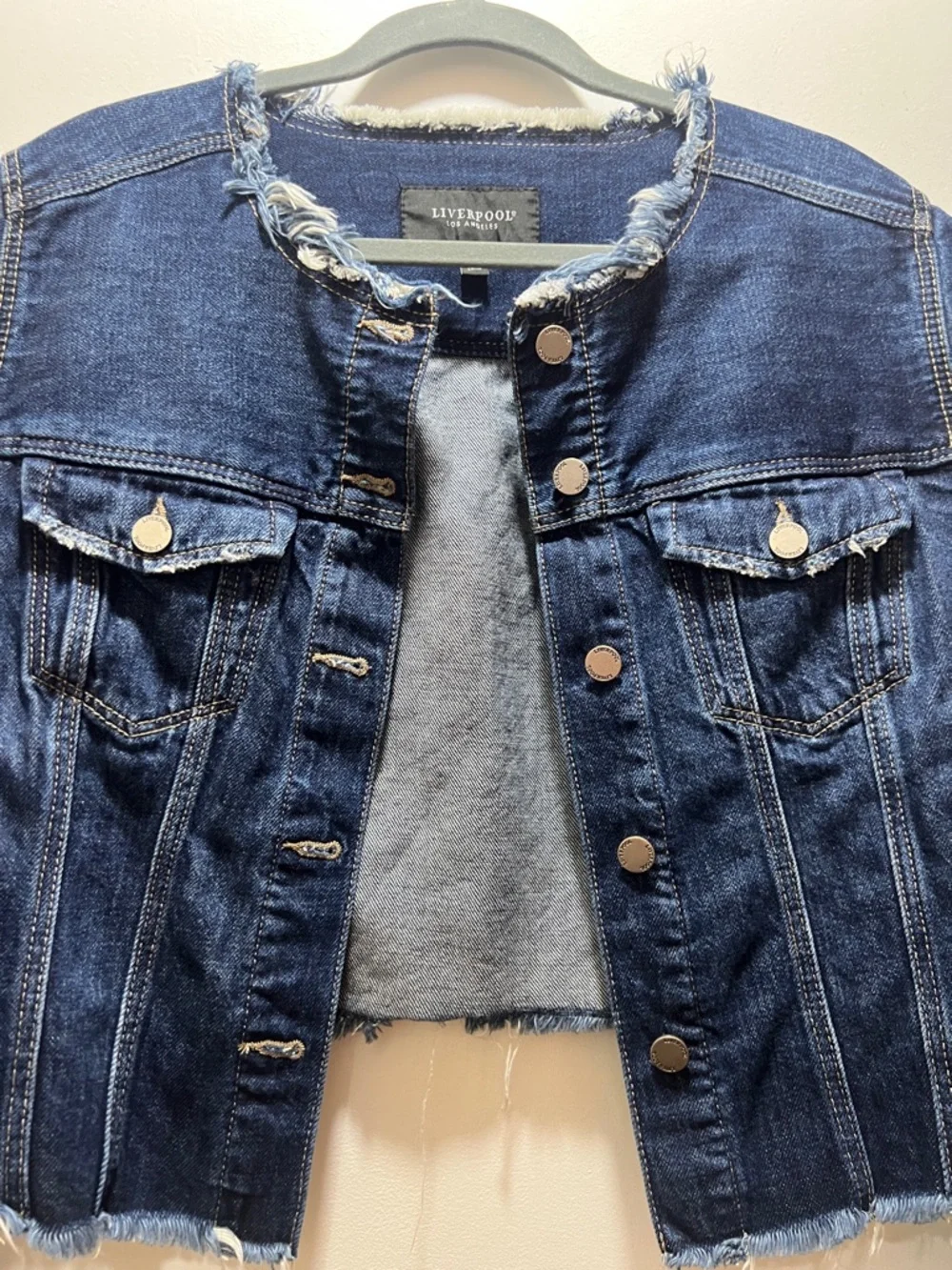 Liverpool Dark Blue Frayed Hem Denim Jacket - Picture 2 of 8